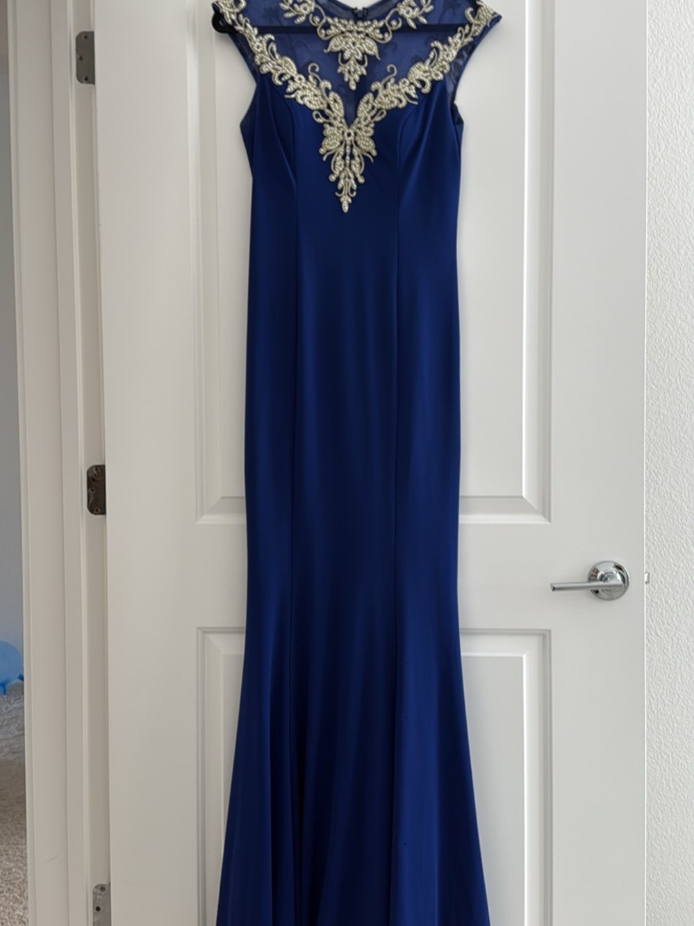 GLS- Elegant Royal Blue Evening Gown with Gold Embellished Neckline